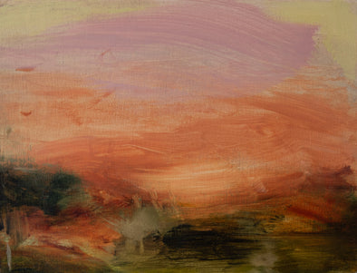 painting of a sunset by artist Katy Brown it is in sales of pink, orange and yellow above a dark green field 
