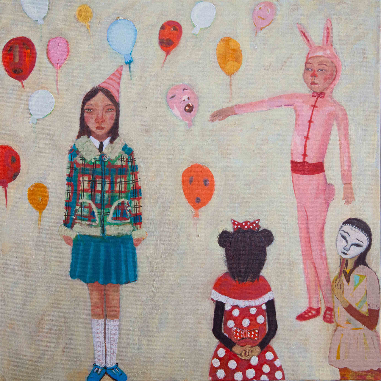 Siobhan Purdy painting of a girl at a surprise birthday party with brightly coloured balloons