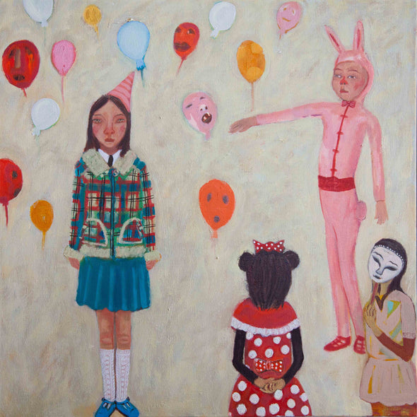 Siobhan Purdy painting of a girl at a surprise birthday party with brightly coloured balloons 