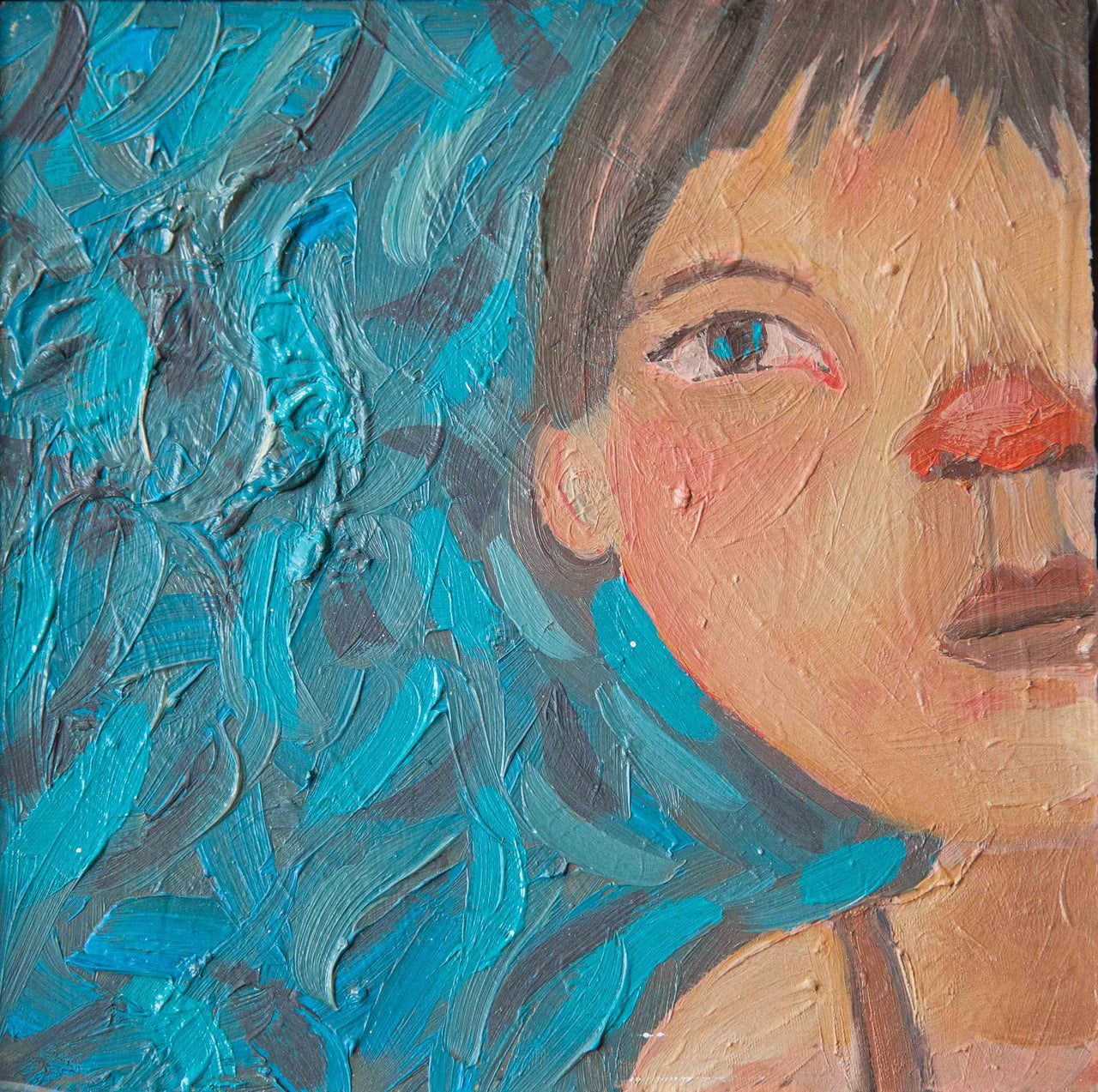 Siobhan Purdy painting Swim Time of a character swimming  in water