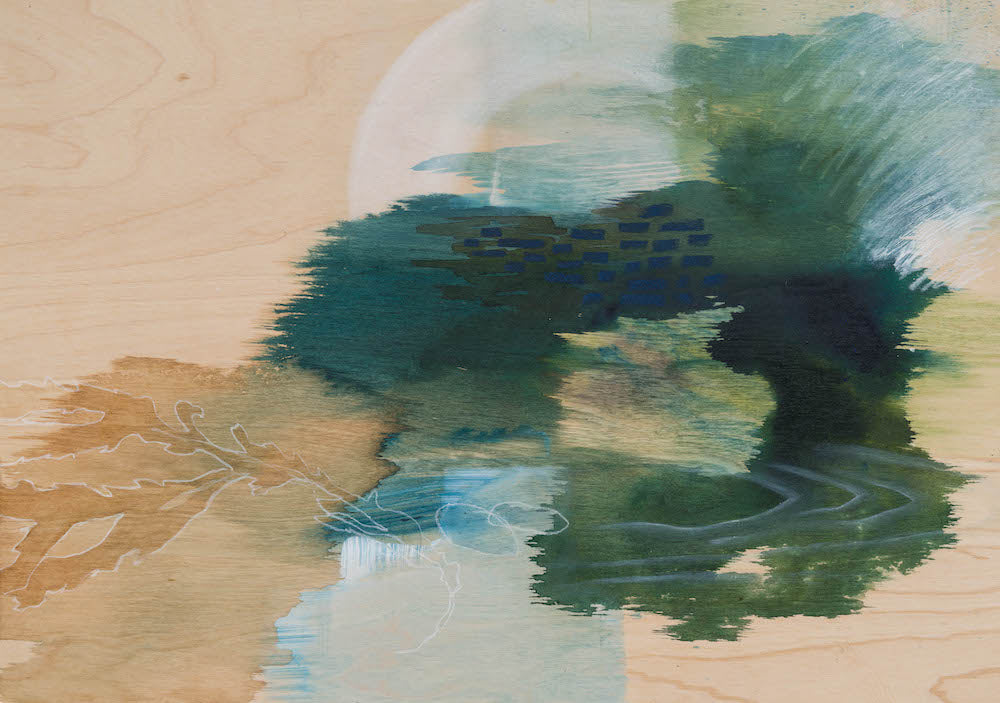 Abstract seascape on wooden board by Tara Leaver