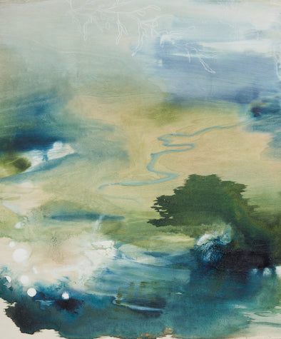 Tara Leaver painting of the ocean with deep greens and blues