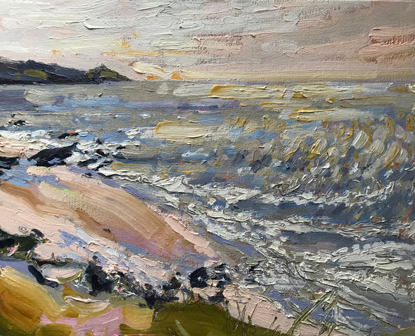 Jill Hudson painting of the ocean in Cornwall at golden hour in oils