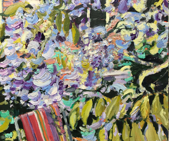oil painting of a wisteria bush with a stripy deckchair beneath it by artist Jill Hudson 