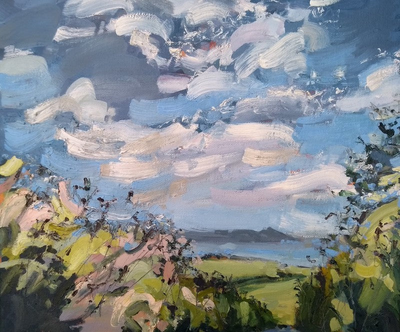 painting of a view of Rame Head in south east Cornwall with pink and green flowers in the foreground and white clouds in the sky by Cornwall artist Jill Hudson