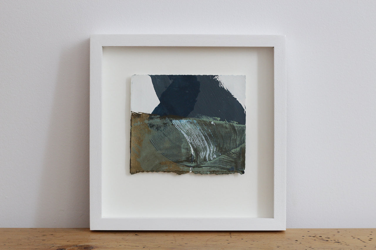 Abstract landscape painting of dark blue sea and textured rocks by Devon based artist