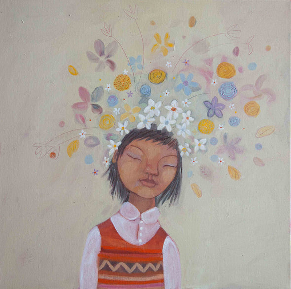 Siobhan Purdy painting of a girl wearing vintage clothes with flowers