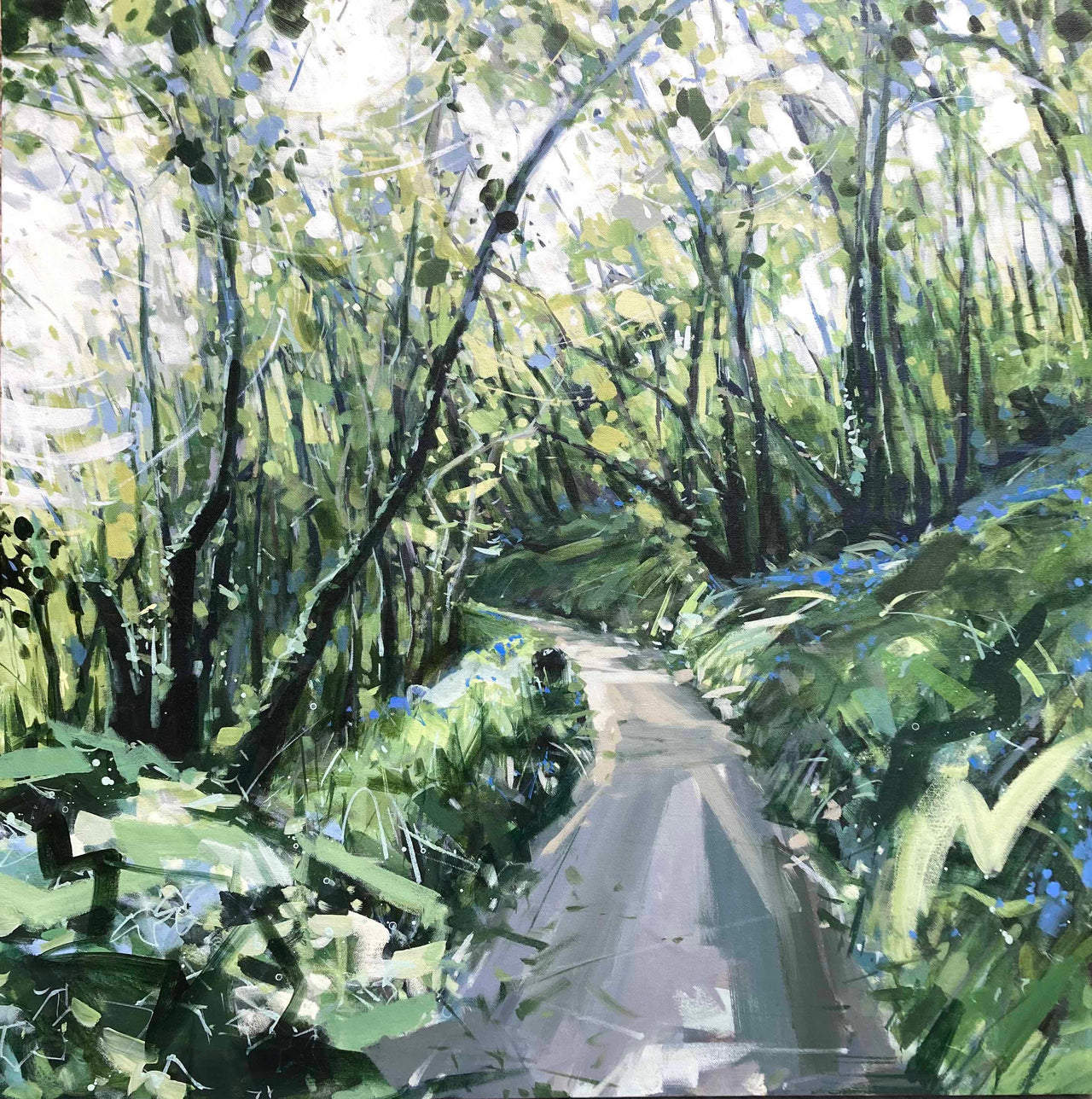 Imogen Bone painting of a woodland walk with deep blues and greens