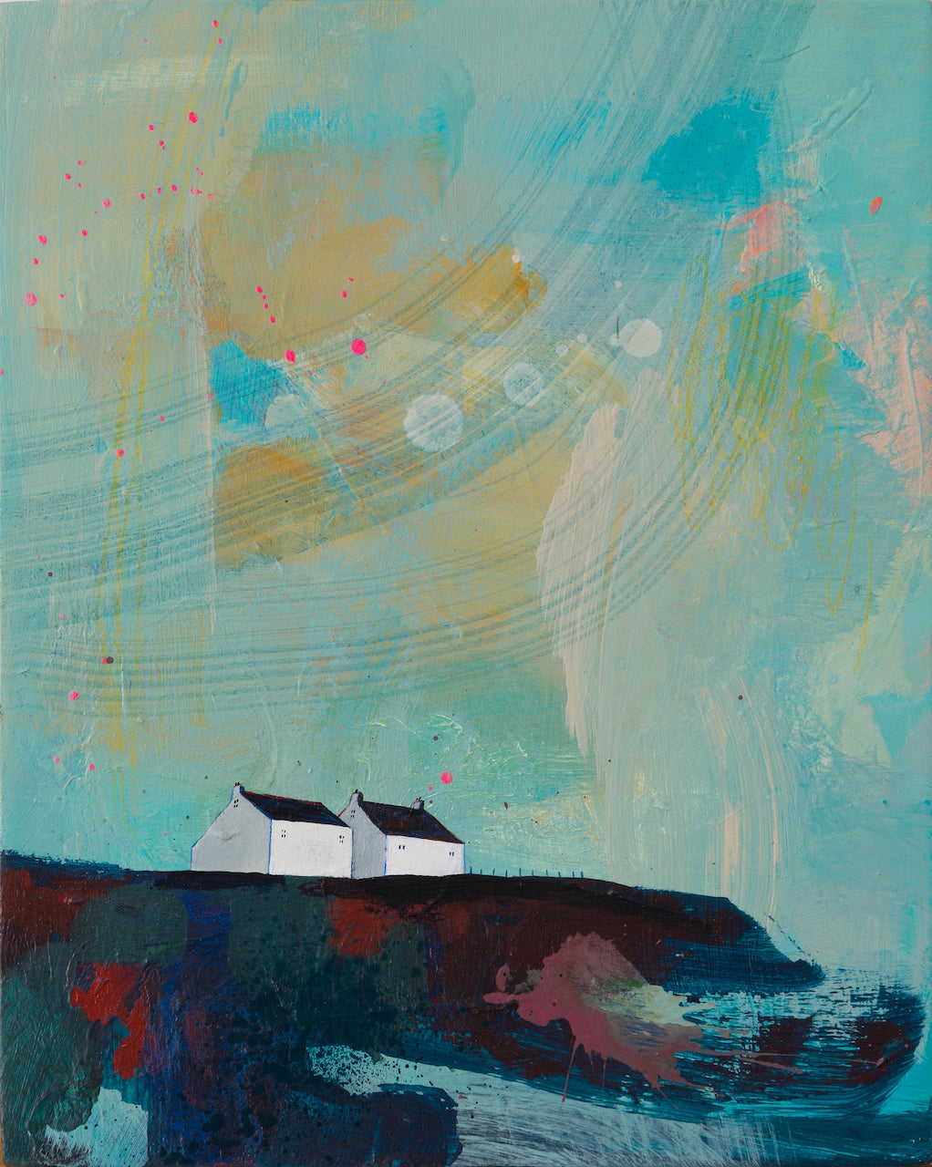 Devon based artist Emma Carlisle, painting inspired by the south west coast path with yellow skies, white houses and fence.