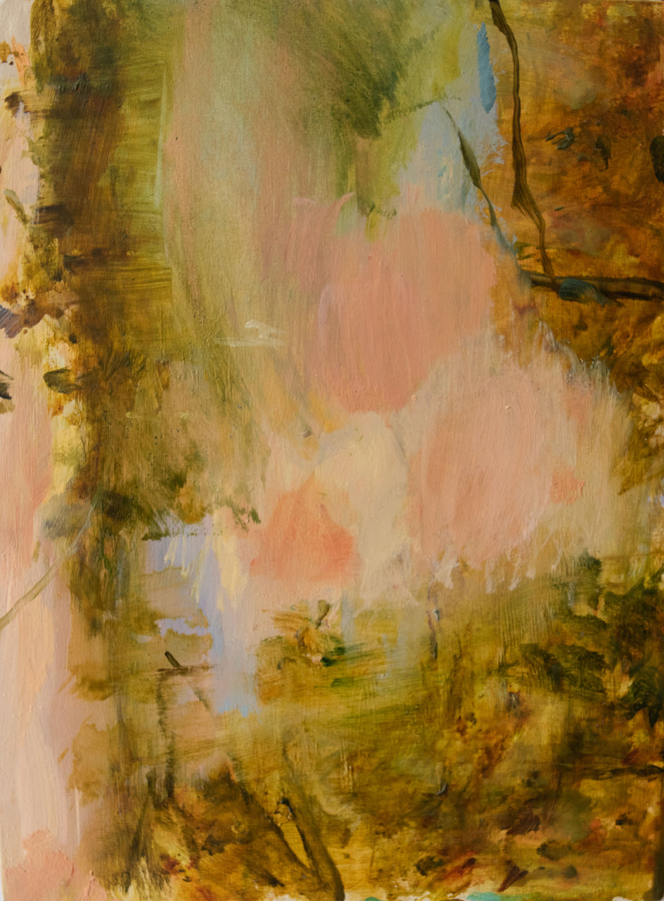 abstract oil painting by Katy Brown artist it is in pinks, yellow, gold and pale blue and depicts a field of wildflowers