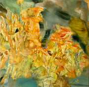 oil painting in vibrant yellow, orange and green of wild lilies it is by UK artist Katy Brown 