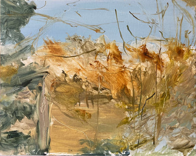painting of tall grasses in a field under a pale blue sky it is by Katy Brown, artist. 