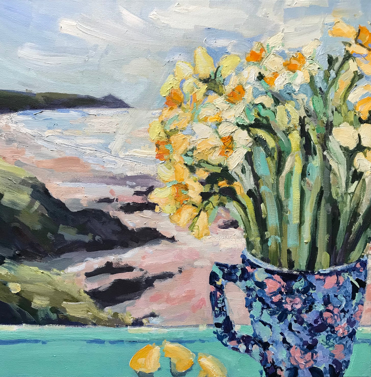 Jill Hudson oil painting of a jug of daffodils in a window looking out to Rame Head peninsula in Cornwall 