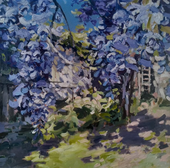 Jill Hudson oil painting of purple wisteria 