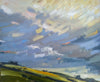 Jill Hudson 'Yellow Field' painting of a large sky with white and yellow clouds above a field with a patch of yellow