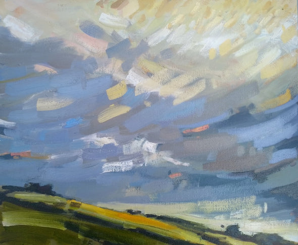 Jill Hudson 'Yellow Field' painting of a large sky with white and yellow clouds above a field with a patch of yellow