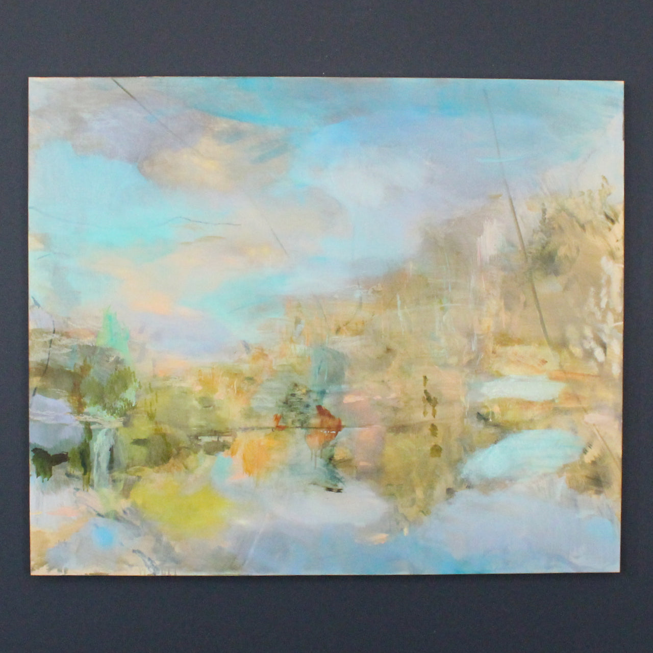 A Katy Brown abstract painting of a pond surrounded by flowering shrubs.