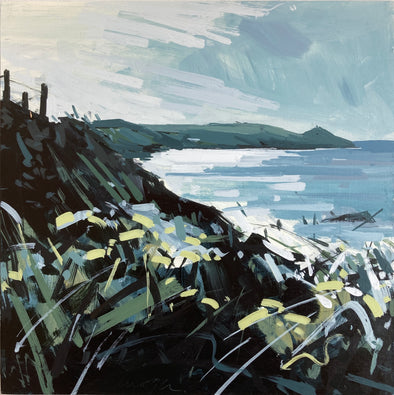 Imogen Bone landscape painting of Rame Head, a peninsula in south east Cornwall, the headland is dark green as are the grasses in the foreground of the painting. 