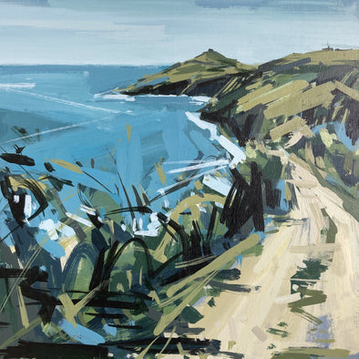 Imogen Bone landscape painting of Rame Head in south east Cornwall showing headland in greens and browns and sea in blue