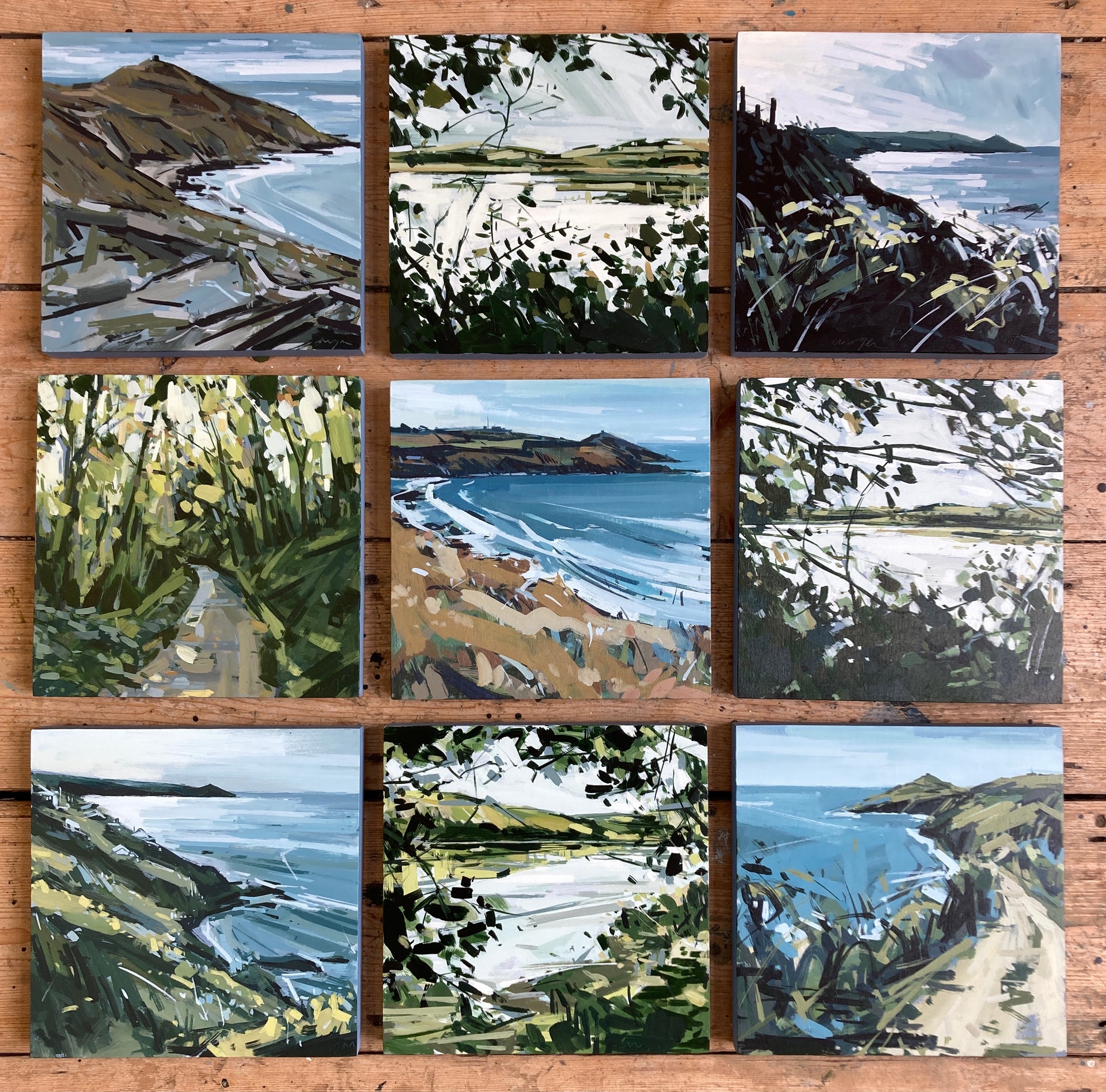 collection of nine small square landscape paintings by artist Imogen Bone 