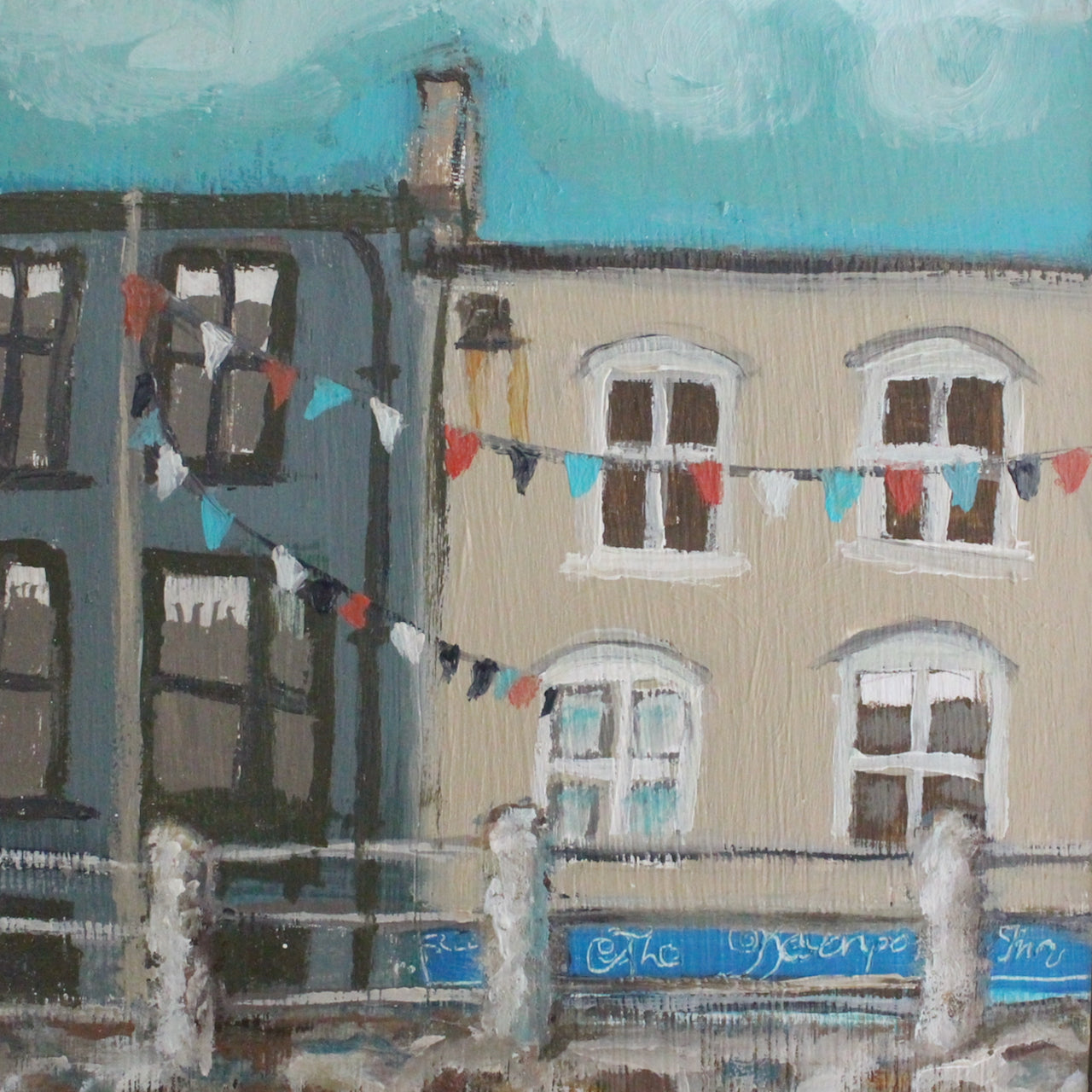 detail from a painting by Cornish artist Siobhan Purdy of buildings and the Devonport pub in Kingsand, Cornwall 