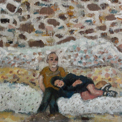 detail from a painting by Cornish artist Siobhan Purdy of a couple sitting on a wall in front of a beach wall in Kingsand, Cornwall 
