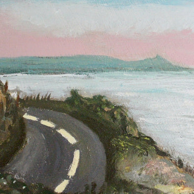 detail of  painting of a coast road approaching Rame Head in Cornwall by Cornish artist Siobhan Purdy.