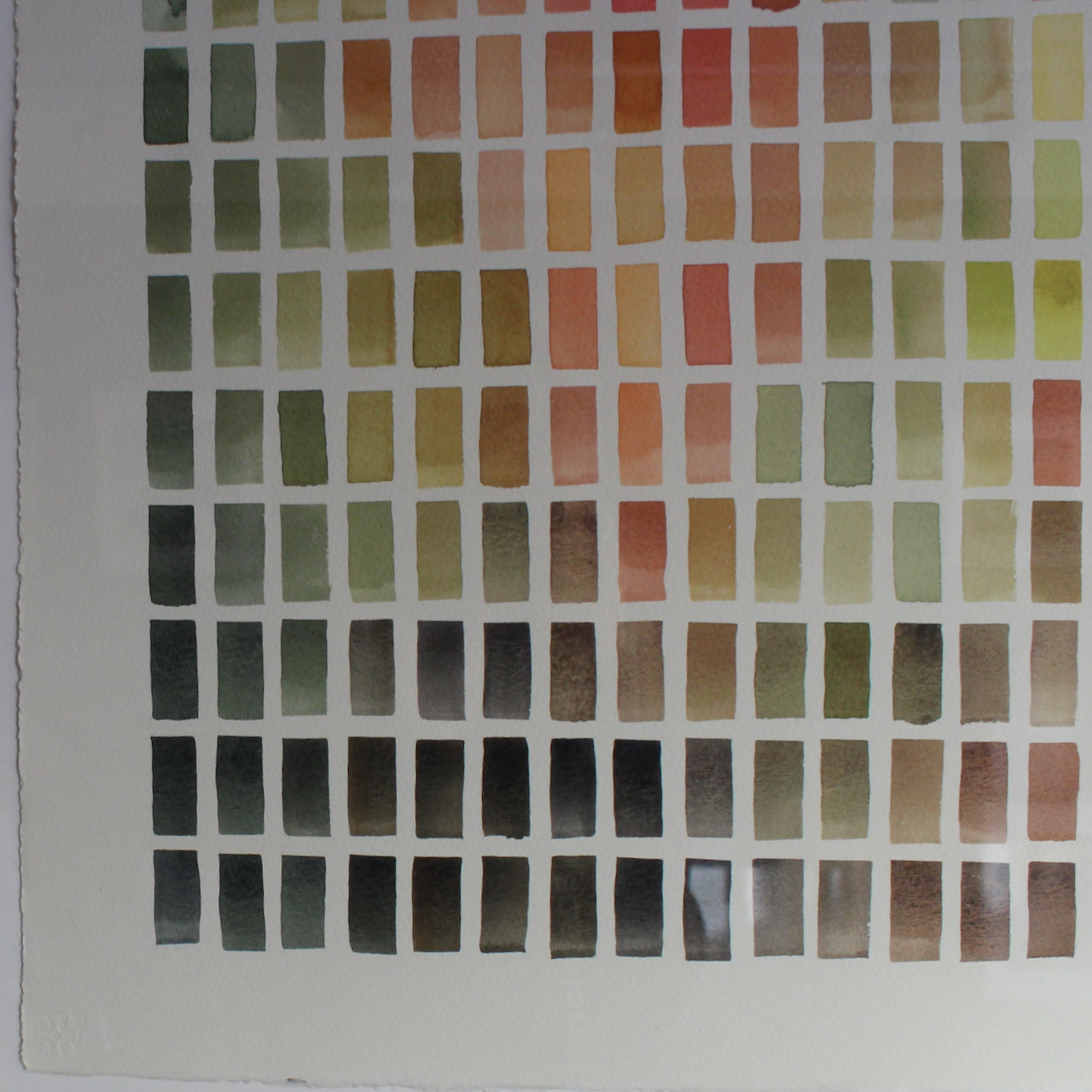 close up detail of abstract watercolour painting of many coloured rectangles in a grid by Devon based artist David Muddyman