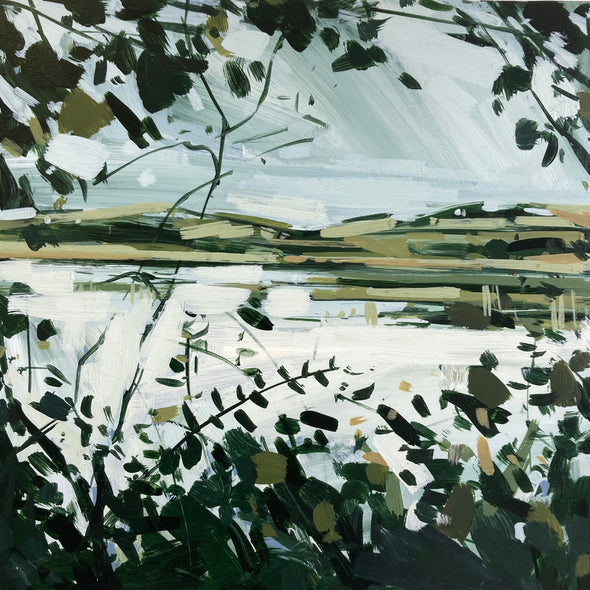 Imogen Bone painting in greens and pale blues of the banks of the river Lyhner in south east Cornwall 