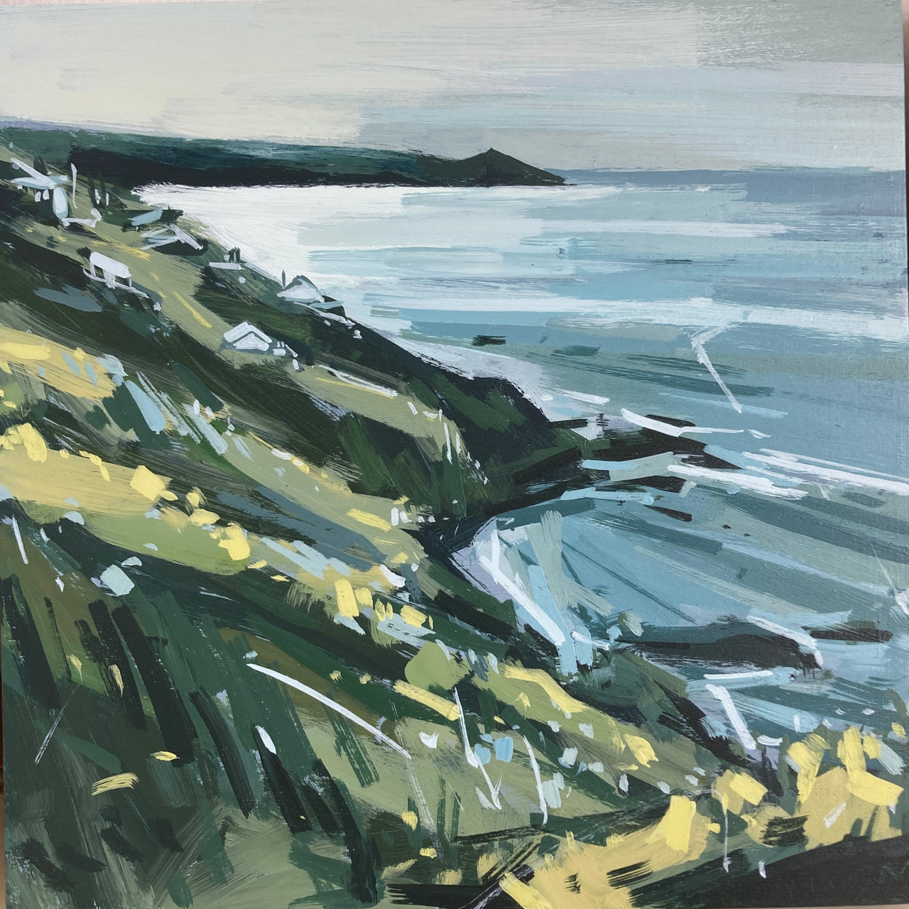 Painting by Imogen Bone, Cornwall artist of the village of Freathy on the coast in south Cornwall looking towards Rame Head; the sky and sea are a soft wintery blue and the land dark green with bursts of yellow
