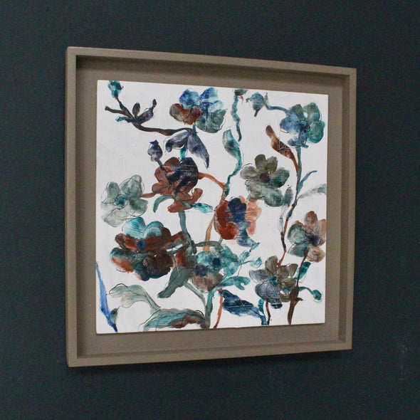 Lucy Innes Williams painting of blue, green and rust coloured flowers it is called Hash Browns.