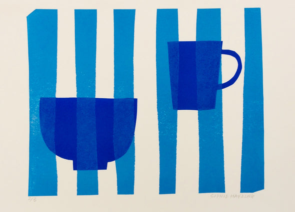 Sophie Harding - Blue Bowl and Cup on Stripes