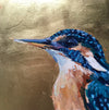 Jill Hudson painting of a kingfisher on a gold leaf background 