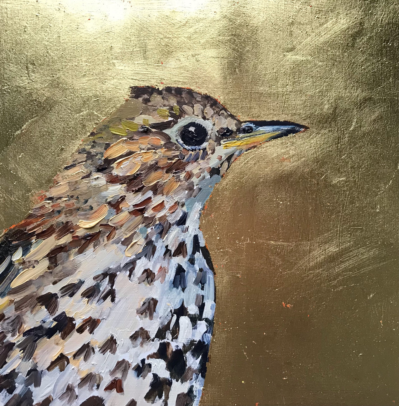 Jill Hudson bird painting of a Thrush with a gold leaf background 