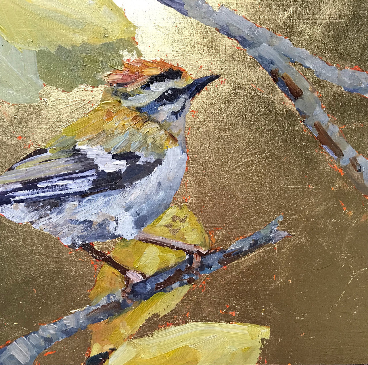 Jill Hudson painting of Fire Crest bird on a twig with a gold leaf background