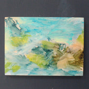 a semi abstract painting by artist Katy Brown of a cove and beach it is in shades of blues, green and gold.