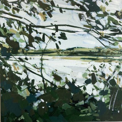 Imogen Bone painting looking through leaves and branches of a tree to a pale river with soft green fields on the other side