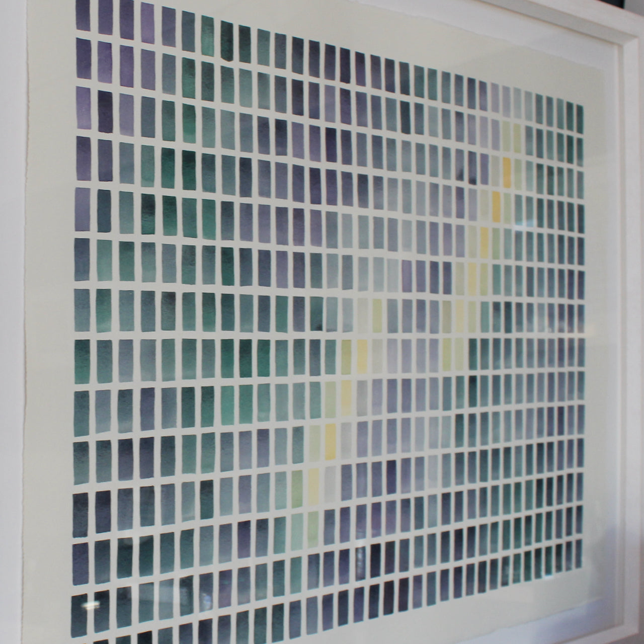 abstract watercolour painting of green, purple and yellow coloured rectangles in a grid by Devon based artist David Muddyman