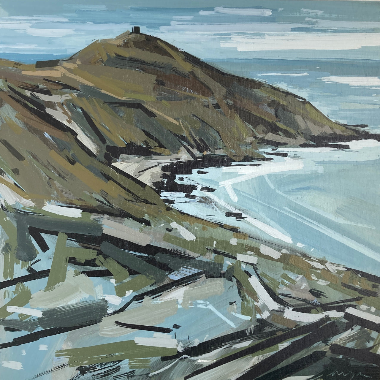 Rame Head in south east Cornwall in autumn colours with a pale blue sea and sky painted by Imogen Bone 