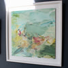 a framed pink, blue, yellow and green square abstract painting by UK contemporary artist Katy Brown