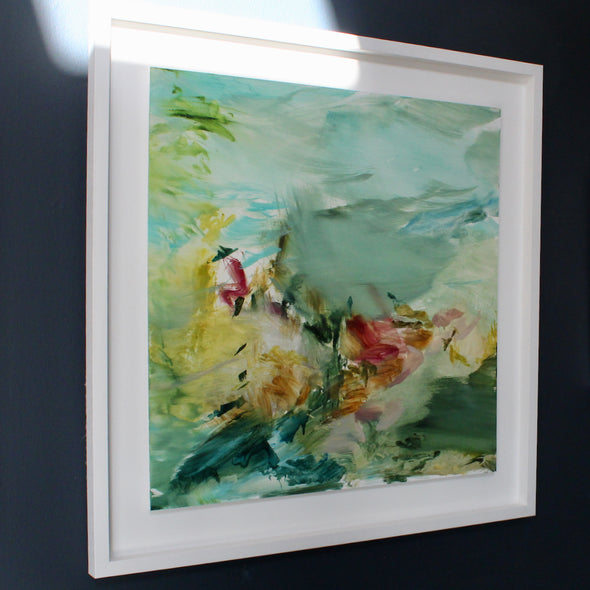 a framed pink, blue, yellow and green square abstract painting by UK  artist Katy Brown.