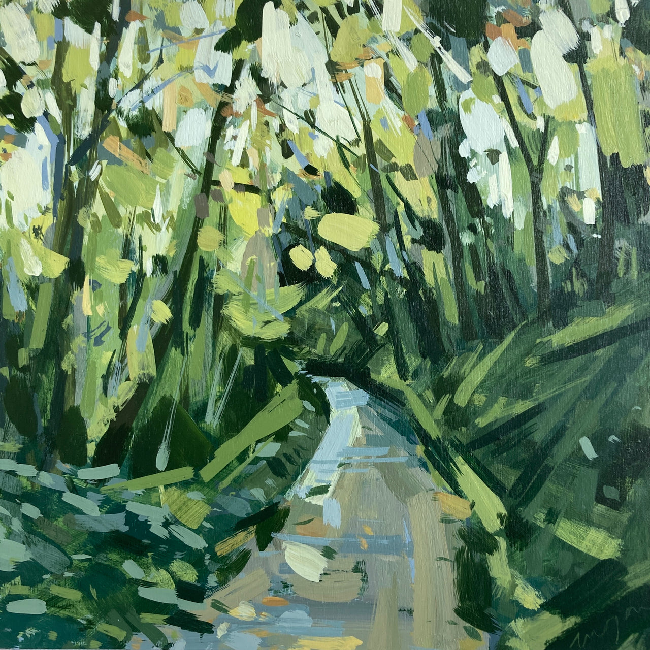 Imogen Bone small square landscape painting of a path through trees in fading light 
