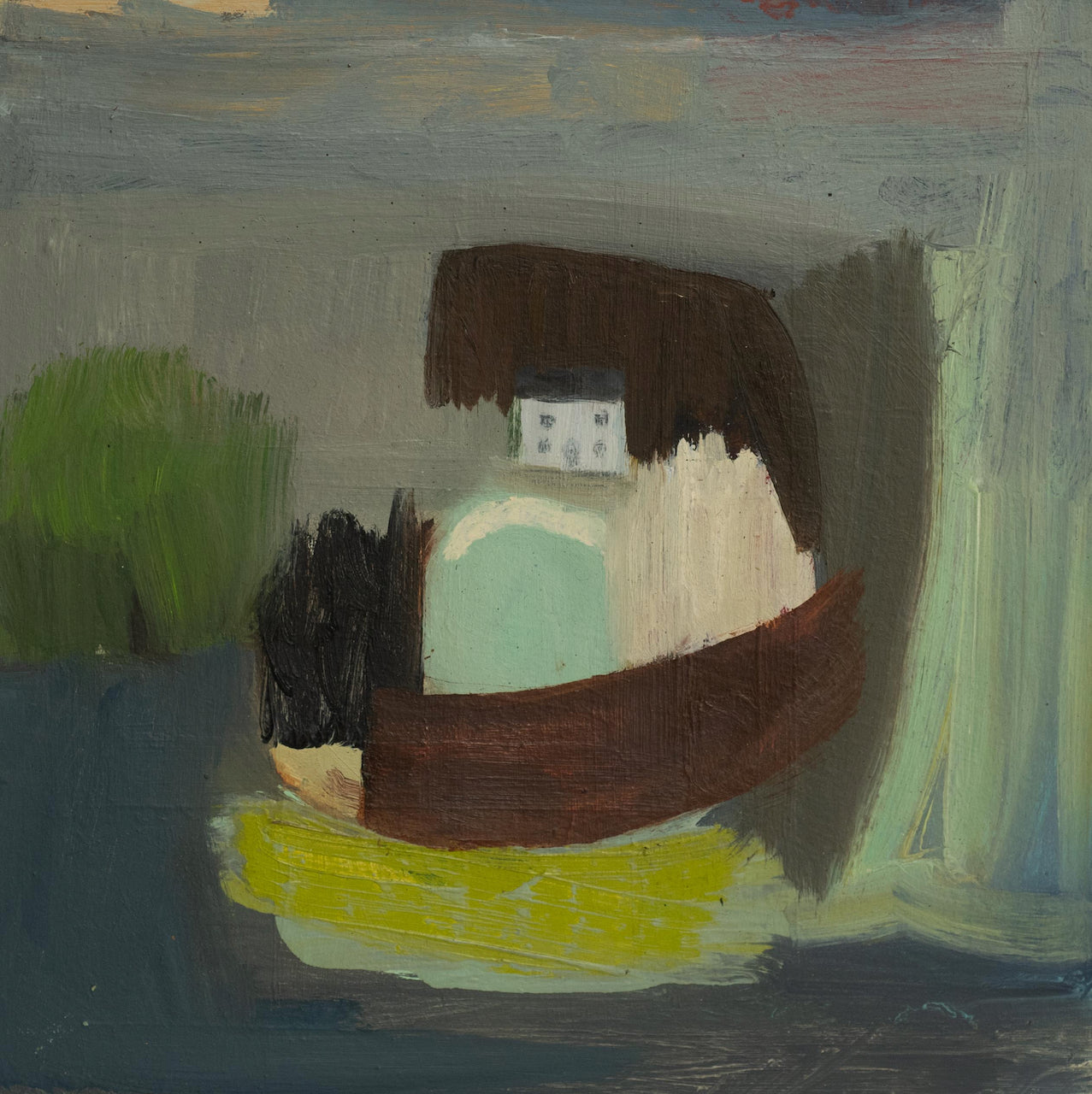 an abstract painting of a white house at the edge of the sea with trees in the background