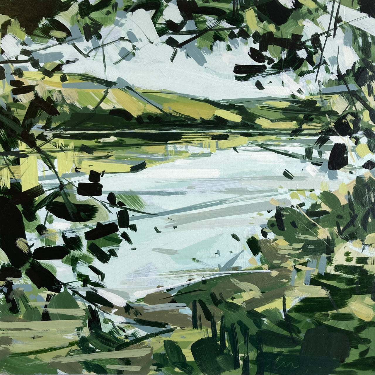 Imogen Bone painting of a pale blue river framed by a tree and the green fields on the far side
