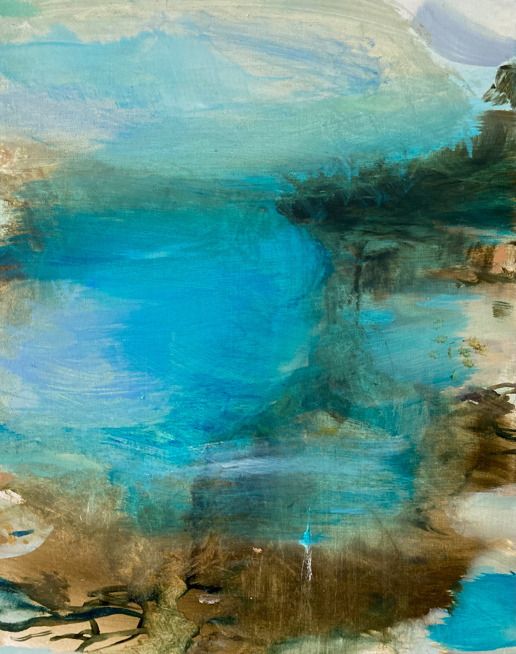 turquoise and dark brown abstract painting depicting the sky and seashore it is by Cornwall artist Katy Brown