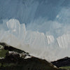 close up detail of clouds in an oil painting by Aimee Willcock showing white clouds on a blue sky above green hills and a blue Scottish loch.