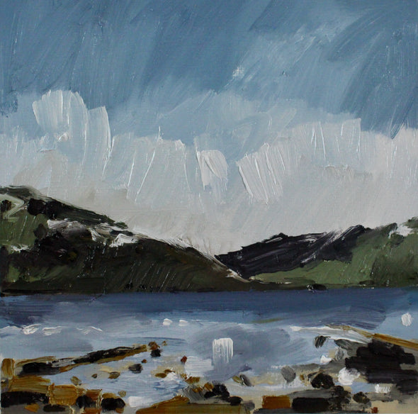 oil painting by Aimee Willcock showing white clouds on a blue sky above green hills and a blue Scottish loch