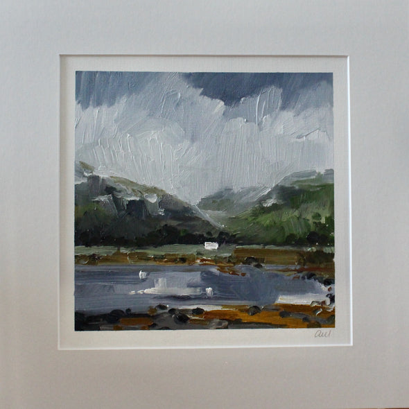 oil painting by Cornwall artist Aimee Willcock of a  White House next to a Scottish loch with  green hills and a sky of white clouds above it.