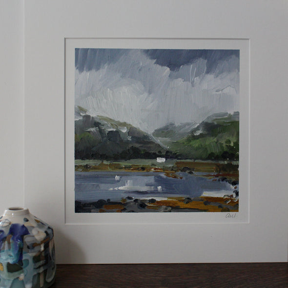 an oil painting by Aimee Willcock of a  White House next to a Scottish loch with  green hills and a sky of white clouds above 