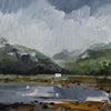 oil painting by Aimee Willcock of a  White House next to a Scottish loch with  green hills and a sky of white clouds above it 